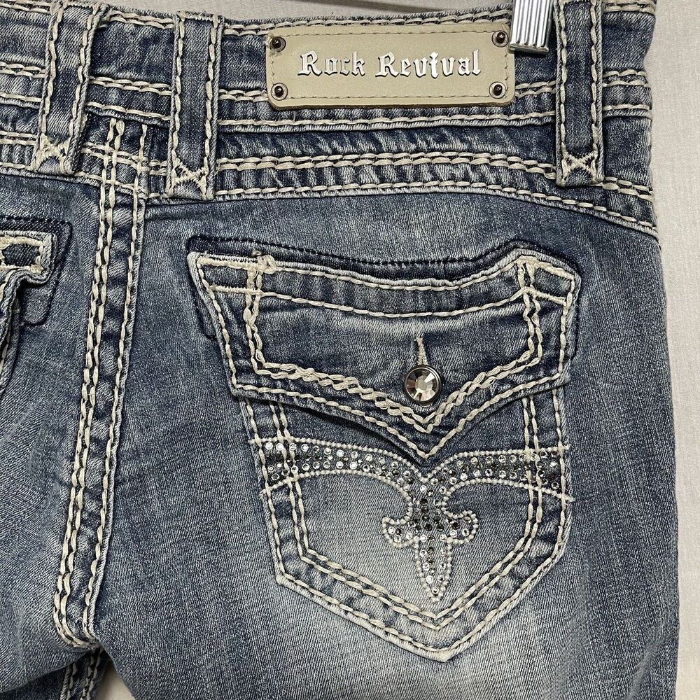 Rock Revival Jeans Women's Scarlett Straight Stretch Blue Rhinestones Size 29